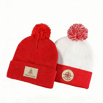 Knit Pom Beanie Hat With Logo